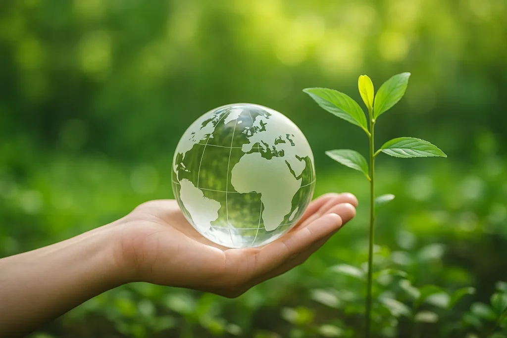 A close-up of a hand holding a glass globe beside a young green plant in a lush forest, symbolizing biodiversity investments.