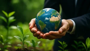 Hands gently cradling a realistic Earth above soil with small plants growing, representing biodiversity investments and sustainability.