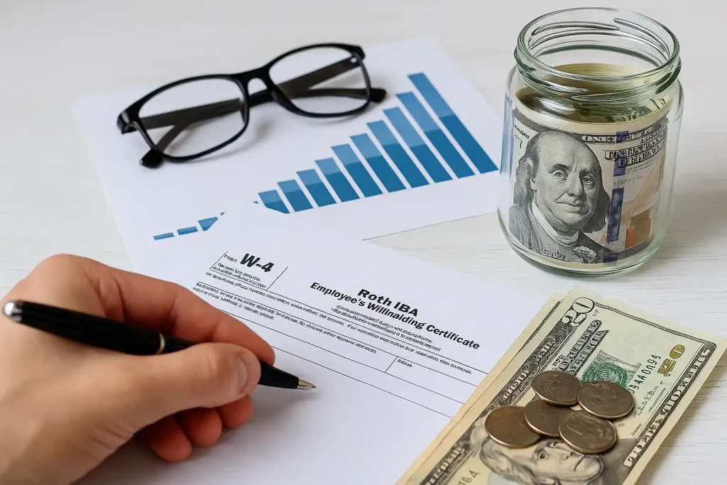 Financial planning scene with documents, charts, US dollars, and coins illustrating Roth IRA conversions strategy.