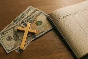 Faith-based investing concept showing a golden cross next to US dollar bills and an open financial ledger on a wooden desk.