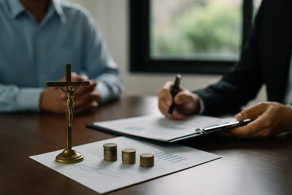 Faith-based investing meeting with two professionals discussing financial charts beside a gold crucifix and stacked coins.
