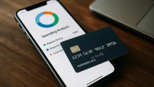 A smartphone on a desk displaying colorful financial charts next to a futuristic card, representing credit cards with integrated AI for personalized benefits.
