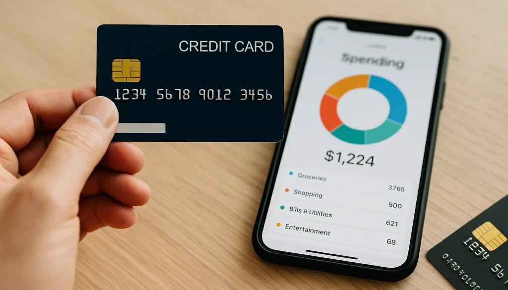 A professional holding a modern futuristic card while using a laptop with analytics, symbolizing credit cards with integrated AI and smart financial management.