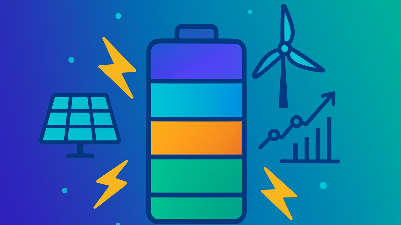 Ilustração em estilo flat mostrando uma bateria grande e central, dividida em quatro blocos coloridos (roxo, azul, laranja e verde). Ao redor dela aparecem raios de energia amarelos, um painel solar à esquerda, uma turbina eólica à direita e um gráfico de crescimento em barras e linha ascendente. O fundo é um gradiente em tons de azul e turquesa.