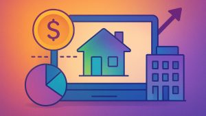Ilustração digital em estilo flat sobre o tema “Digital Fractional Real Estate”. Mostra prédios e arranha-céus modernos, fragmentados em blocos e peças que lembram quebra-cabeça ou pixels, representando a ideia de propriedade fracionada. Elementos sutis de circuitos digitais aparecem integrados ao design. A paleta mistura tons vibrantes de azul, roxo e verde em gradientes dinâmicos.