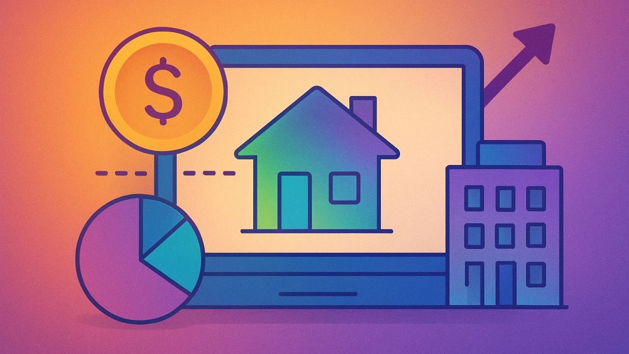 Ilustração digital em estilo flat sobre o tema “Digital Fractional Real Estate”. Mostra prédios e arranha-céus modernos, fragmentados em blocos e peças que lembram quebra-cabeça ou pixels, representando a ideia de propriedade fracionada. Elementos sutis de circuitos digitais aparecem integrados ao design. A paleta mistura tons vibrantes de azul, roxo e verde em gradientes dinâmicos.