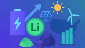 Ilustração em estilo flat mostrando elementos ligados à transição energética: baterias de lítio em destaque, cristais metálicos estilizados, ícones de mineração, um carro elétrico minimalista e símbolos de energia renovável como turbinas eólicas e painéis solares. A cena tem cores metálicas com tons de azul, verde e teal, transmitindo tecnologia e sustentabilidade.