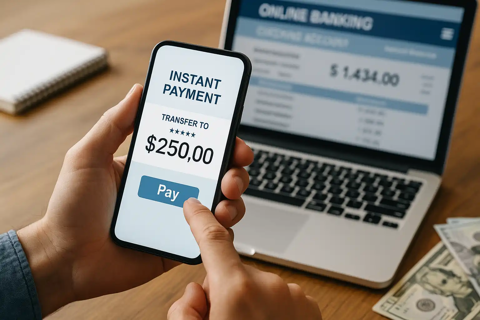 "A consumer using a smartphone to manage FedNow and instant payments, with a laptop and cash on a wooden table."
