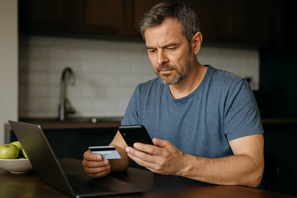 "An American man at home checking finances on his phone and laptop, illustrating the impact of FedNow and instant payments."