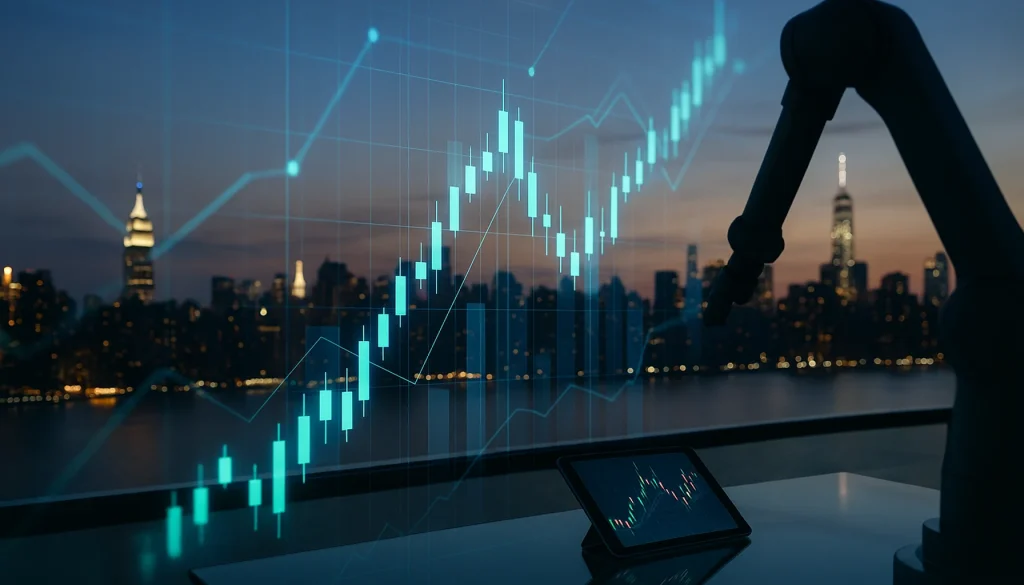"Futuristic city skyline with robotic arm and holographic charts illustrating the rise of artificial intelligence and automation ETFs in the US."