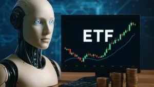 "A realistic concept of artificial intelligence and automation ETFs with a humanoid robot, financial chart and coins symbolizing US investment growth."