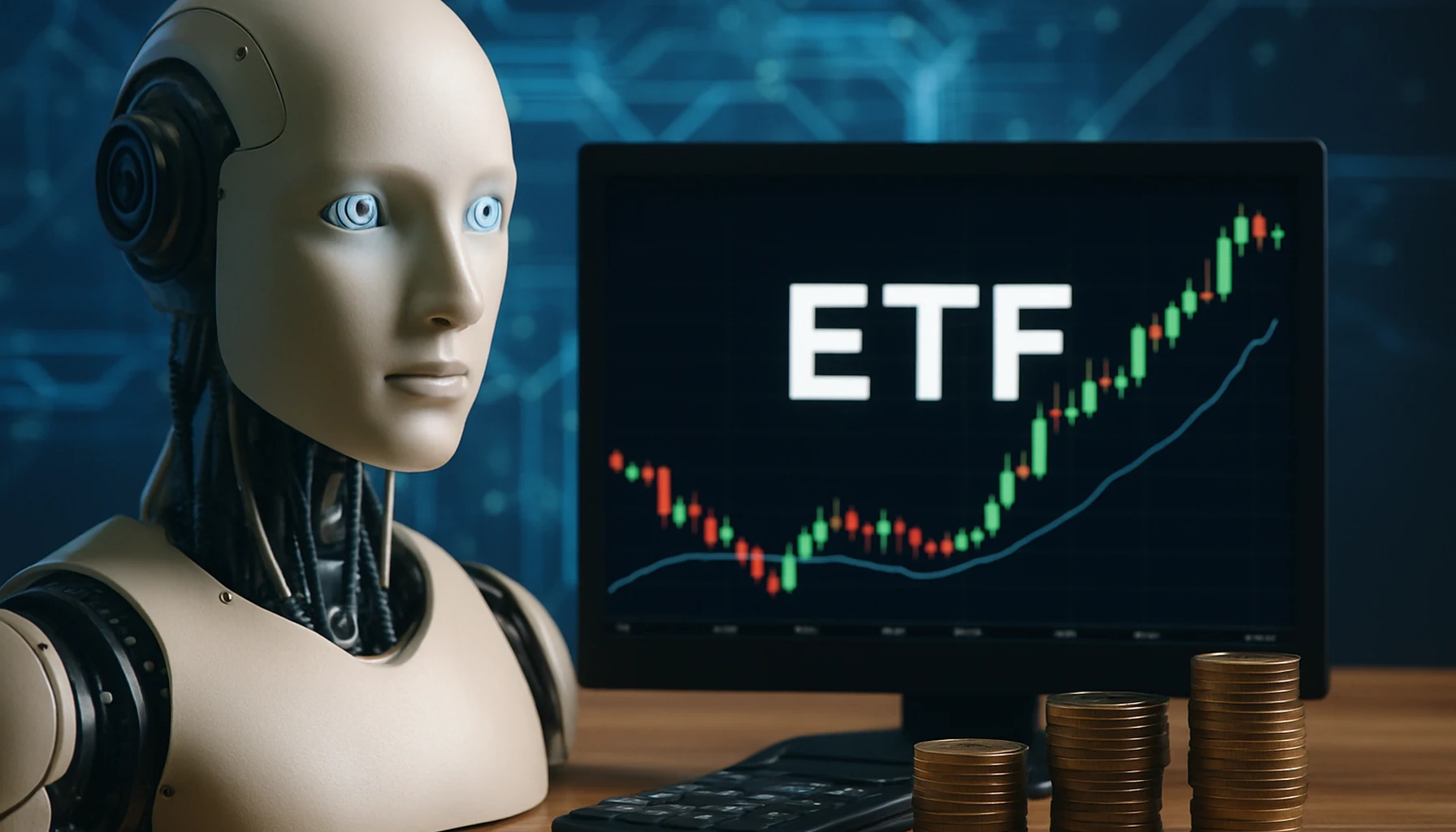 "A realistic concept of artificial intelligence and automation ETFs with a humanoid robot, financial chart and coins symbolizing US investment growth."