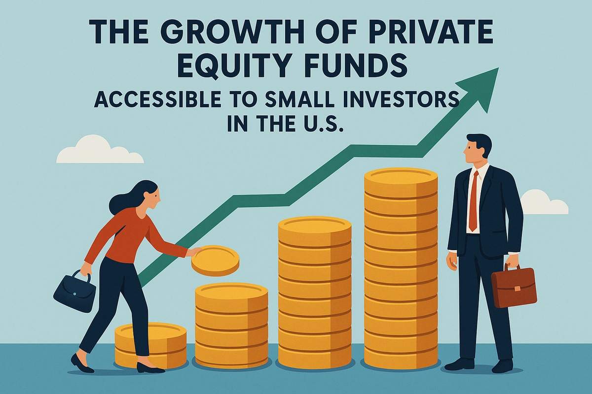 Flat-style illustration about the expansion of private equity access for small investors in the United States. At the top, bold uppercase text reads: ‘The Growth of Private Equity Funds Accessible to Small Investors in the U.S.’ In the foreground, a dark-skinned woman on the left places a coin onto a stack of gold coins, symbolizing retail participation and gradual investing. Across the center are multiple coin stacks increasing in height from left to right, indicating growth over time. Behind them, a thick green line rises steadily and turns into an upward arrow, reinforcing the idea of market expansion. On the right, a business-suited man holding a briefcase stands observing the rising stacks, representing traditional institutional finance. The light blue background with small clouds keeps the focus on investment growth and broader accessibility.