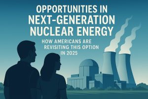 Stylized illustration about next-generation nuclear energy in the United States. The background is a gradient blue sky with large, bold text at the top reading: ‘Opportunities in Next-Generation Nuclear Energy — How Americans Are Revisiting This Option in 2025.’ In the foreground on the left, two human silhouettes—a man and a woman—stand side by side looking toward a nuclear power plant. The plant sits in the mid-ground with a domed reactor building and two tall cooling towers releasing white steam. The scene conveys renewed public attention and investment interest in advanced nuclear power, with a calm, futuristic color palette and clean graphic shapes.