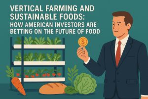 Illustration with a teal-green background and large white uppercase headline text reading: ‘VERTICAL FARMING AND SUSTAINABLE FOODS: HOW AMERICAN INVESTORS ARE BETTING ON THE FUTURE OF FOOD.’ On the left, a multi-level vertical farming rack holds lush green leafy vegetables and small red crops under bright white grow-light shelves. In the foreground, fresh produce—including a carrot, a loaf of bread, and a green cabbage—represents sustainable food output. On the right, a cartoon businessman in a dark suit and red tie holds up a gold coin with a dollar sign, symbolizing investment in the future of food. The style is clean, flat, and modern, highlighting the link between vertical farming and investor interest.