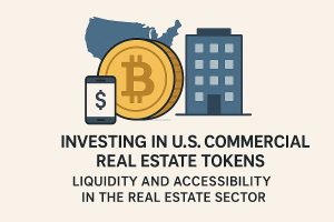 Clean flat illustration on a light beige background. At the top, a blue silhouette map of the United States sits behind a large gold coin with a Bitcoin symbol. In front of the coin, a dark smartphone shows a dollar sign on its screen, representing digital investment access. To the right, a simplified blue office building icon symbolizes commercial real estate. Below the graphics, bold black uppercase text reads: ‘INVESTING IN U.S. COMMERCIAL REAL ESTATE TOKENS’ and smaller uppercase subheading text says: ‘LIQUIDITY AND ACCESSIBILITY IN THE REAL ESTATE SECTOR.’ The composition highlights tokenized real estate and improved liquidity through digital assets.