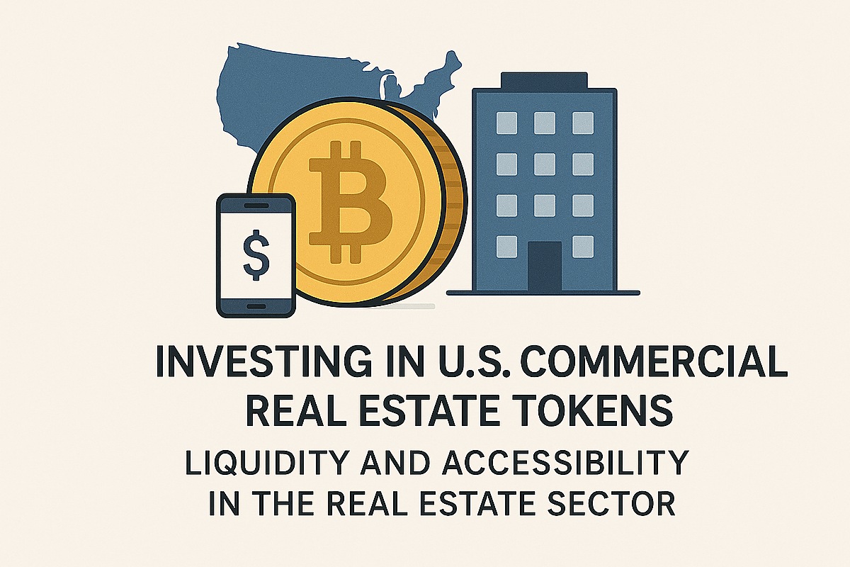 Clean flat illustration on a light beige background. At the top, a blue silhouette map of the United States sits behind a large gold coin with a Bitcoin symbol. In front of the coin, a dark smartphone shows a dollar sign on its screen, representing digital investment access. To the right, a simplified blue office building icon symbolizes commercial real estate. Below the graphics, bold black uppercase text reads: ‘INVESTING IN U.S. COMMERCIAL REAL ESTATE TOKENS’ and smaller uppercase subheading text says: ‘LIQUIDITY AND ACCESSIBILITY IN THE REAL ESTATE SECTOR.’ The composition highlights tokenized real estate and improved liquidity through digital assets.